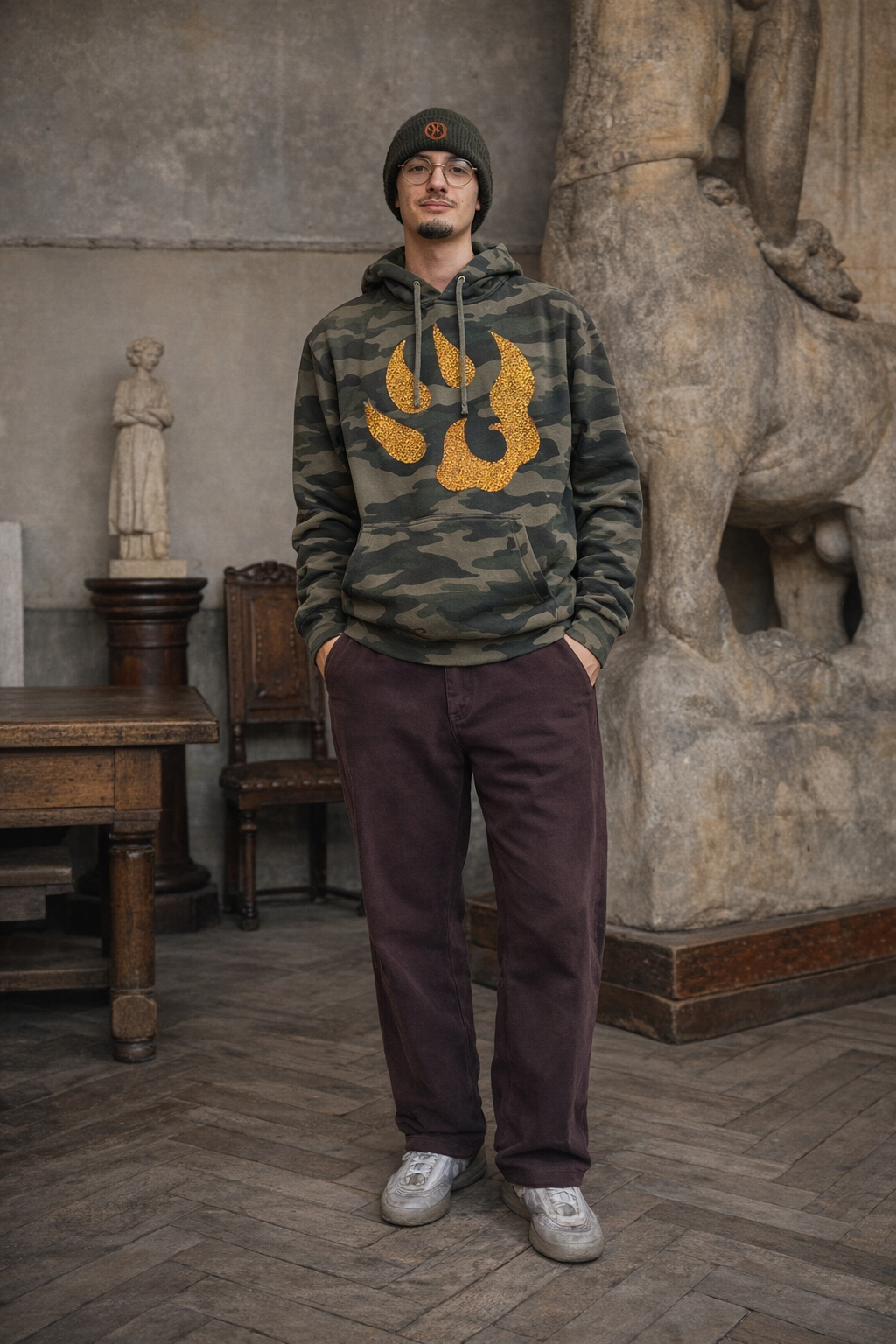 Sweat à capuche Malabar – Grosse patte signature Swarovski (orange ou argent) – Camouflage kaki | Édition premium