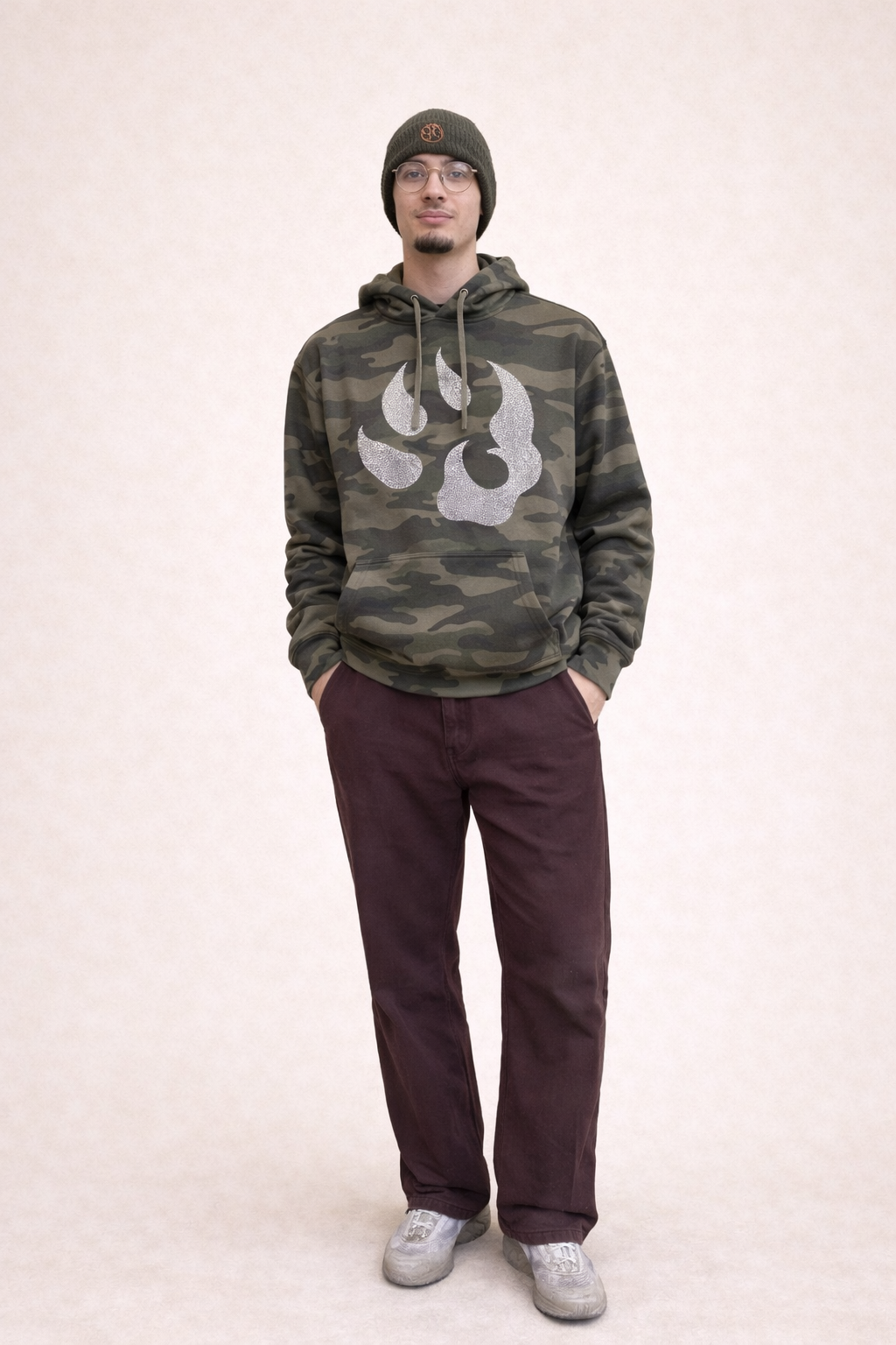 Sweat à capuche Malabar – Grosse patte signature Swarovski (orange ou argent) – Camouflage kaki | Édition premium