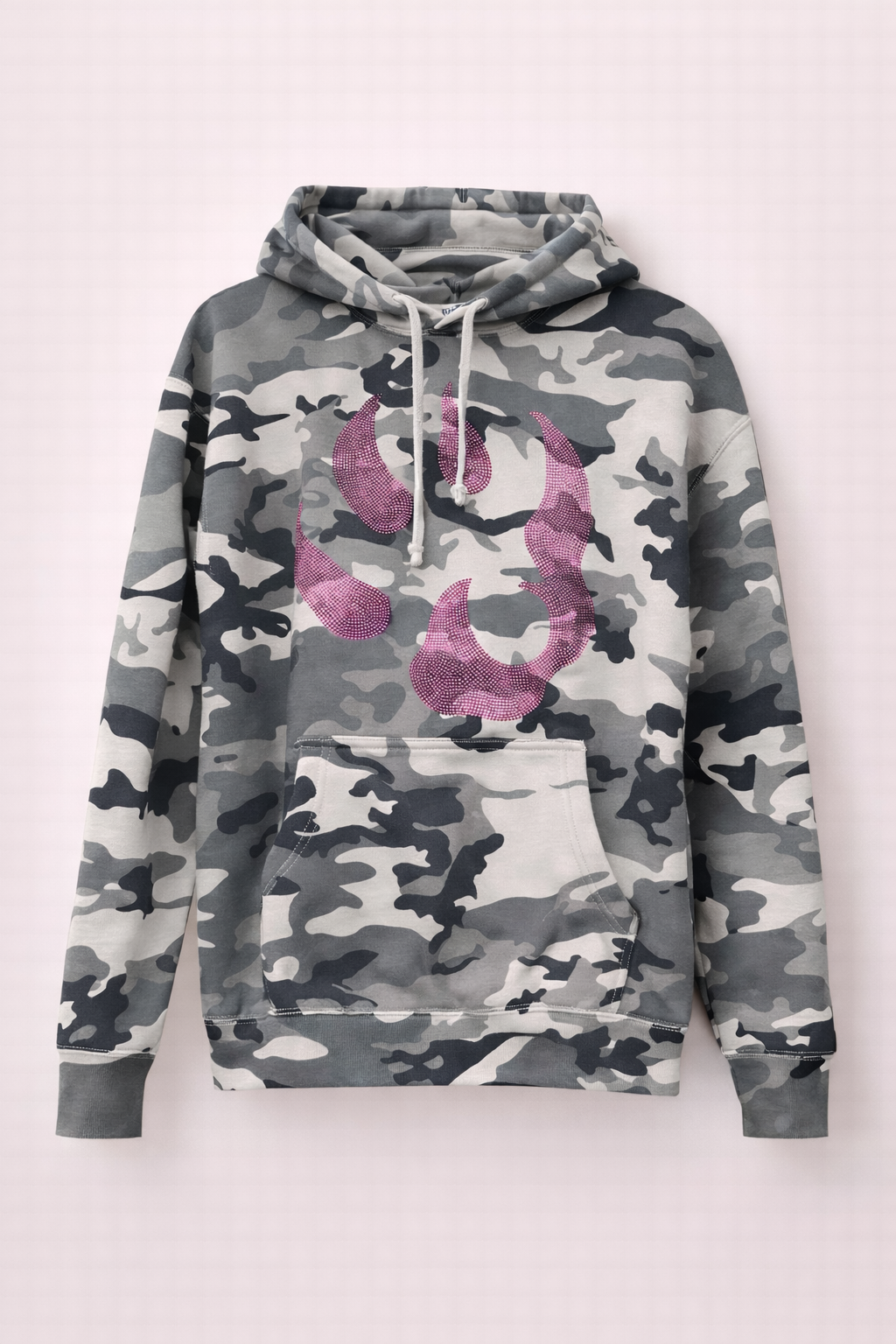 Sweat à capuche Malabar – Grosse patte signature Swarovski (argent, rose, orange) – Camouflage Gris | Édition premium