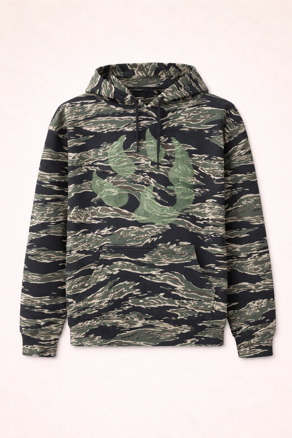 Sweat à capuche Malabar – Grosse patte signature Swarovski (vert et argent) – Camouflage Noir | Édition premium