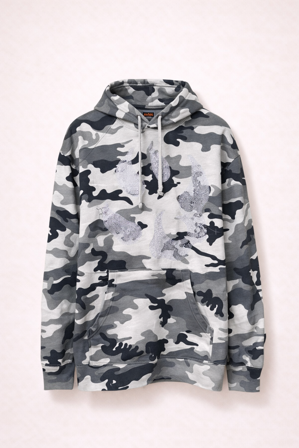 Sweat à capuche Malabar – Grosse patte signature Swarovski (argent, rose, orange) – Camouflage Gris | Édition premium