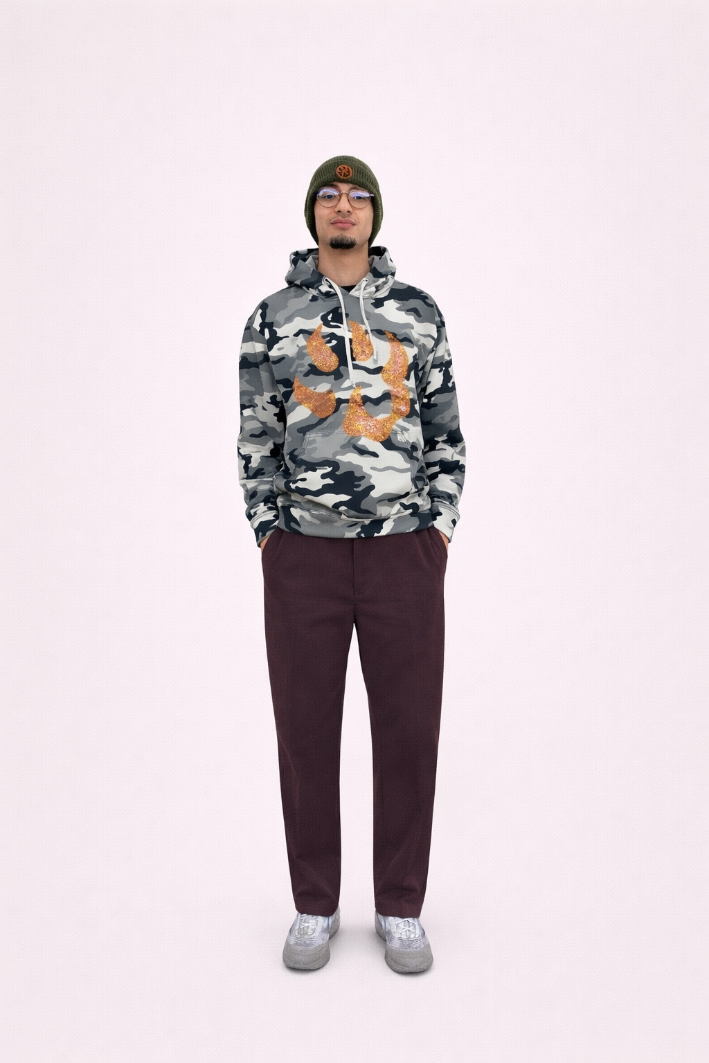 Sweat à capuche Malabar – Grosse patte signature Swarovski (argent, rose, orange) – Camouflage Gris | Édition premium