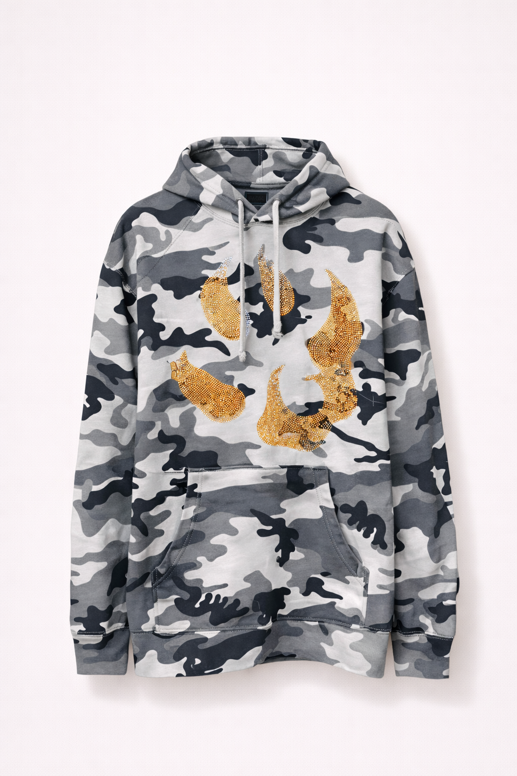 Sweat à capuche Malabar – Grosse patte signature Swarovski (argent, rose, orange) – Camouflage Gris | Édition premium