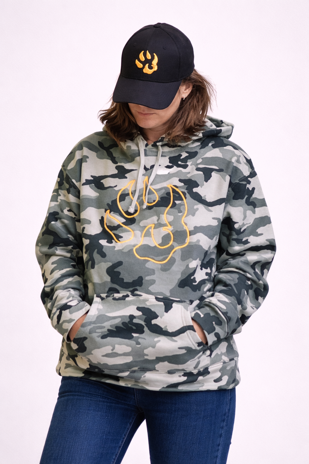 Sweat à capuche camouflage logo "patte de chien" jaune