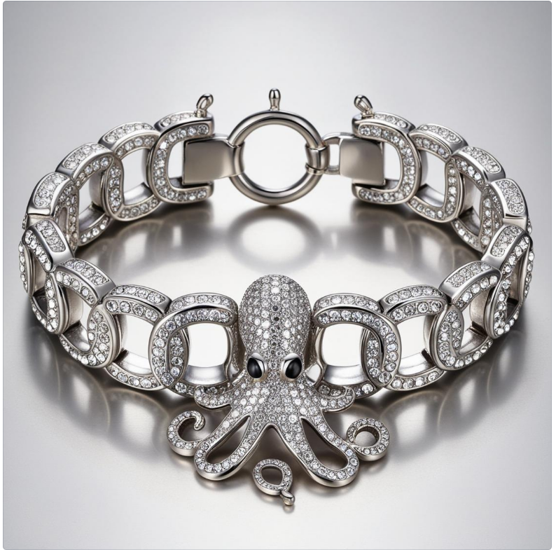 Bracelet Malabar Manufacture poulpe en argent massif, pierres de Crystal et strass Jet Swarovski