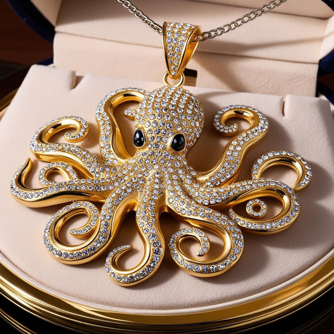 Médaille Malabar Manufacture poulpe Argent massif plaqué or (Vermeil), pierres de Crystal et strass Jet Swarovski