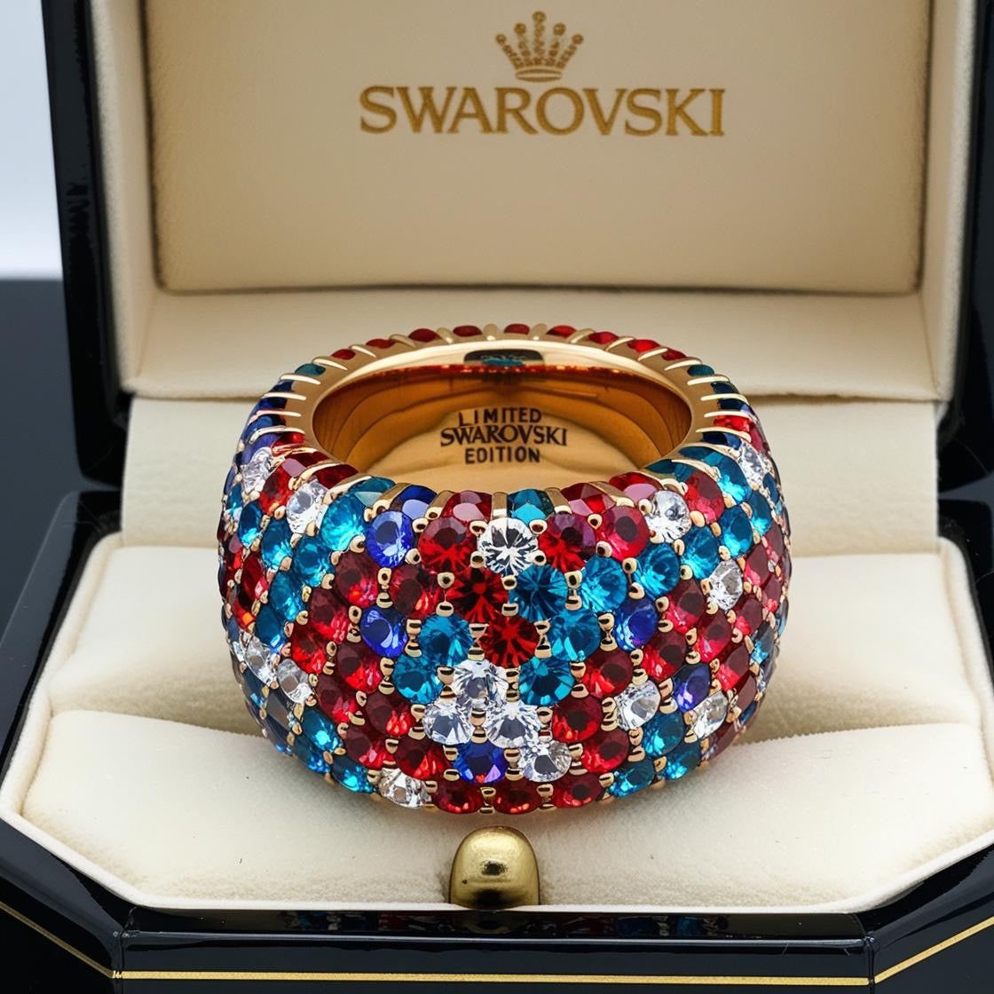 Bague Malabar Manufacture argent massif plaqué or (Vermeil), Crystal et pierres de couleurs Swarovski.