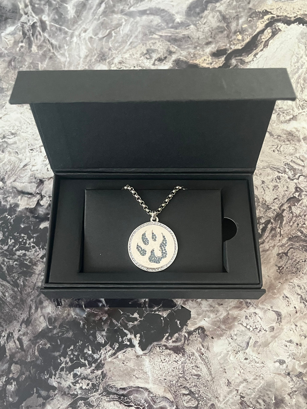Médaille Malabar Manufacture patte de chien, argent massif, pierres Swarovski full strass Light Saphir Montana